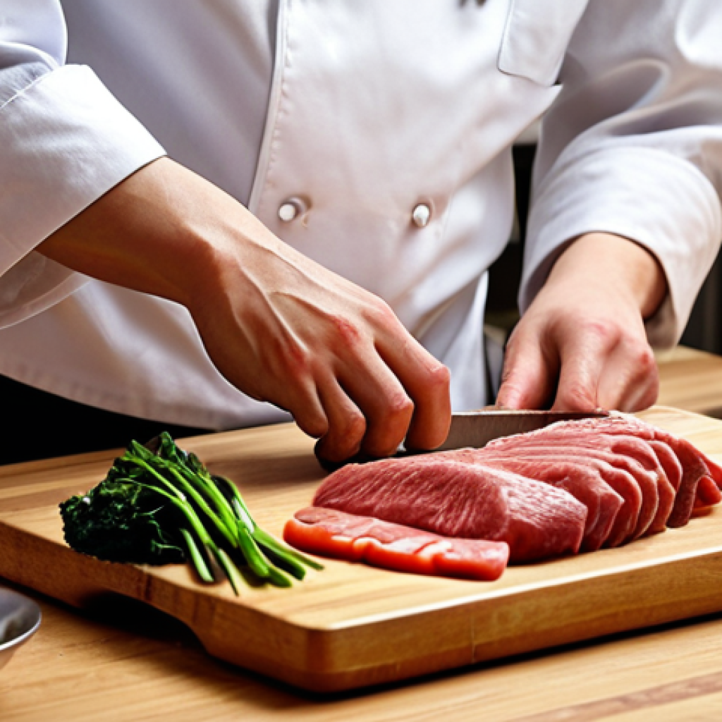**

A chef meticulously preparing ingredients with sharp, well-maintained knives on a clean cutting board. Focus on the precision and skill, showcasing various Chinese knives (片刀, 斩骨刀, 文武刀) and their specific uses for different ingredients like vegetables and meat.

**