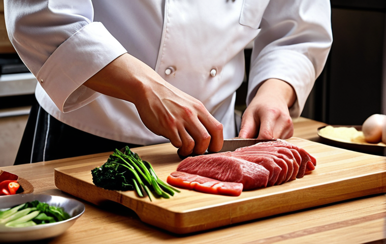 **

A chef meticulously preparing ingredients with sharp, well-maintained knives on a clean cutting board. Focus on the precision and skill, showcasing various Chinese knives (片刀, 斩骨刀, 文武刀) and their specific uses for different ingredients like vegetables and meat.

**