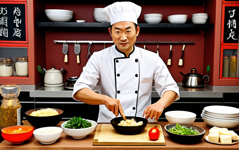 **
A vibrant fusion kitchen scene. Chinese and Western chefs collaborate, surrounded by both familiar Chinese ingredients like tofu and soy sauce, and Western ingredients such as cheese and herbs. The style should be dynamic, highlighting the blending of Eastern and Western culinary traditions. Capture the essence of innovation through ingredient combination.
**