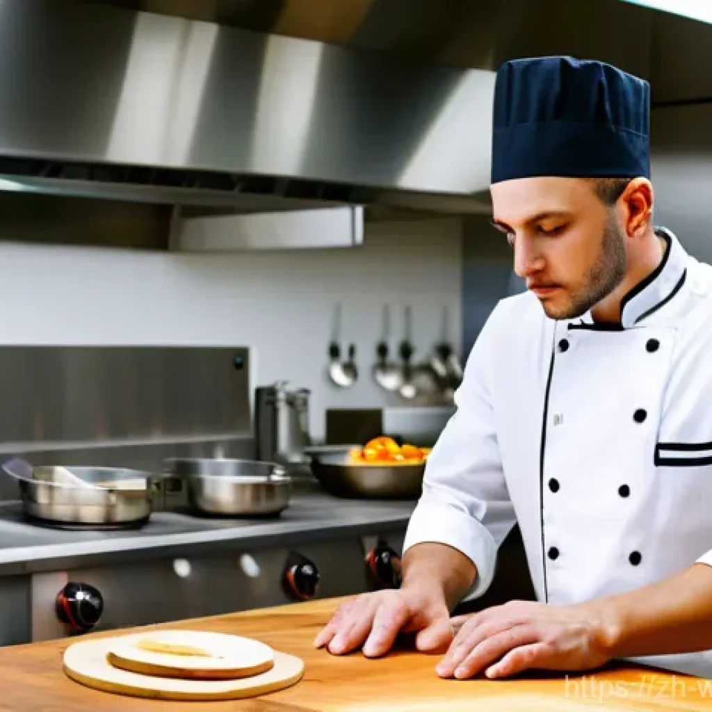 양식조리 기능사 실기 시험 합격 전략 - A young male chef, wearing a clean white chef's jacket, black trousers, and a tall chef's hat, stand...