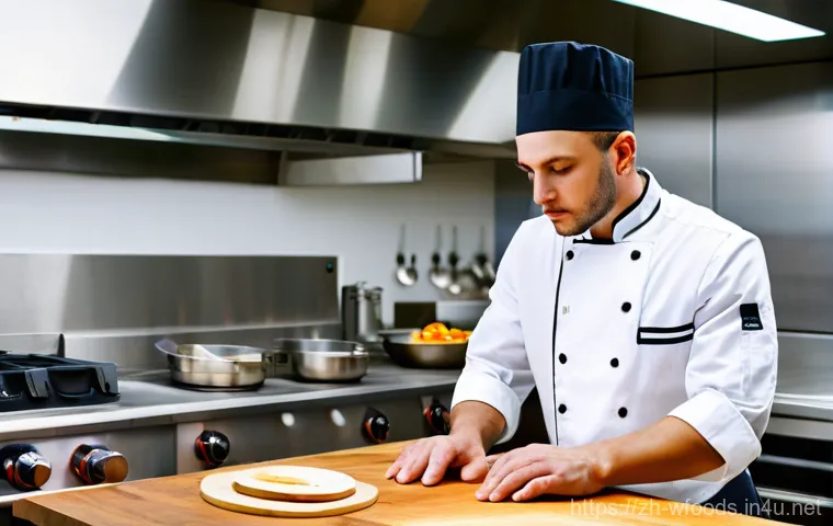 양식조리 기능사 실기 시험 합격 전략 - A young male chef, wearing a clean white chef's jacket, black trousers, and a tall chef's hat, stand...