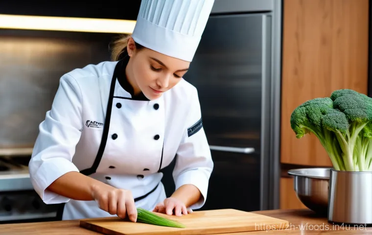 양식조리 기능사 실기 시험 합격 전략 - A young male chef, wearing a clean white chef's jacket, black trousers, and a tall chef's hat, stand...