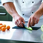 양식조리 기능사 실기 시험 도우미 - **Prompt: The Art of Precision Knife Skills**
    A highly skilled chef, wearing a crisp, traditiona...