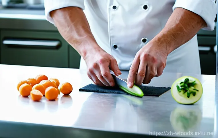 양식조리 기능사 실기 시험 도우미 - **Prompt: The Art of Precision Knife Skills**
    A highly skilled chef, wearing a crisp, traditiona...