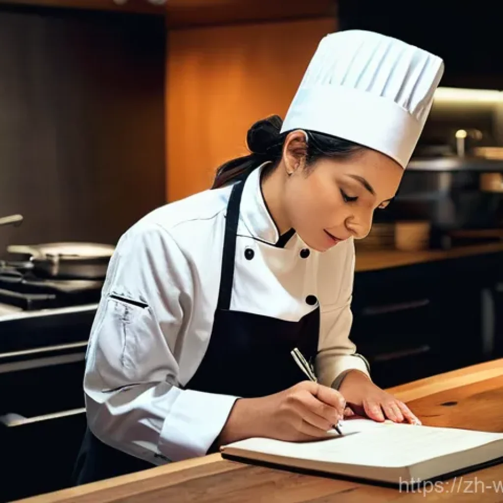 양식조리사 업무일지 작성법 - **A professional chef reflecting and writing in a physical logbook.**
**Prompt:** A thoughtful, ...