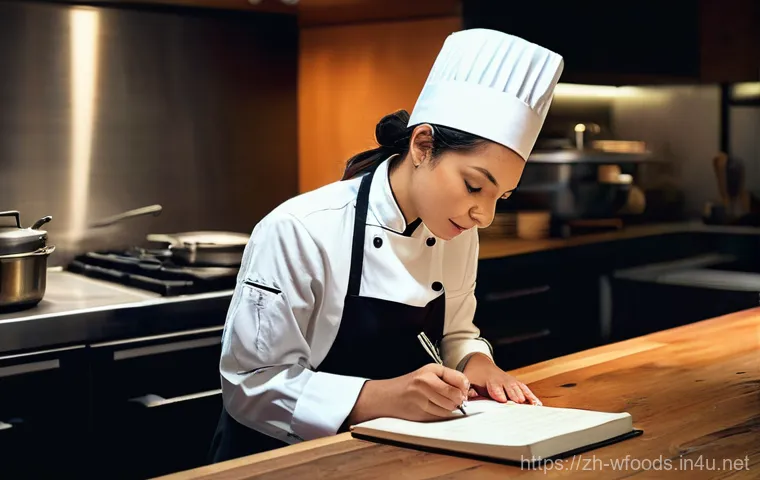 양식조리사 업무일지 작성법 - **A professional chef reflecting and writing in a physical logbook.**
    **Prompt:** A thoughtful, ...
