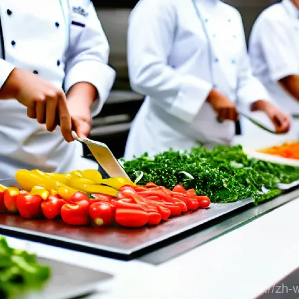 양식조리 기능사 자격증 학원 추천 - A vibrant, modern professional kitchen scene at a Western culinary school. Several diverse students,...
